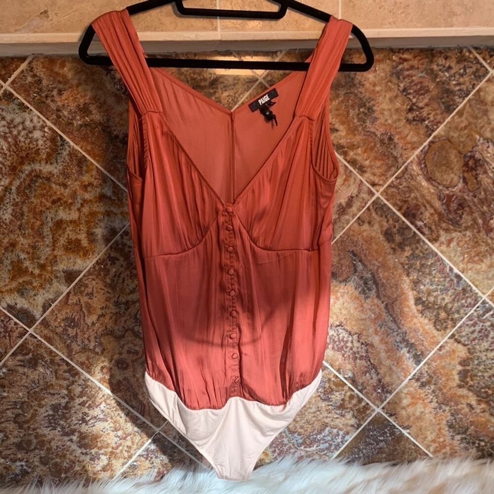 NWOT Paige Kessley Muted Clay Satin V-Neck Button Front Thong Bodysuit Size Med - Picture 5 of 16